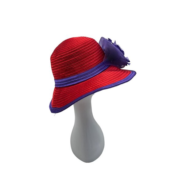Red & Purple Womens Polyester Hat With Decorative Flower - Picture 4 of 9